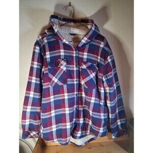 Boston Traders Jacket Womens Sz Large Red Blue Plaid Sherpa Lined Hooded Flannel